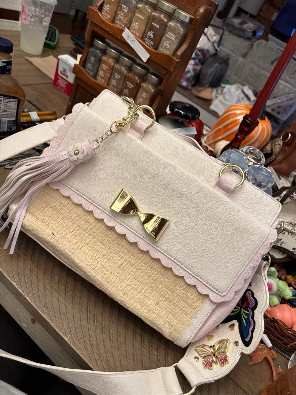 Betsey Johnson Pink & Cream Straw-Front Shoulder Bag with Gold Bow